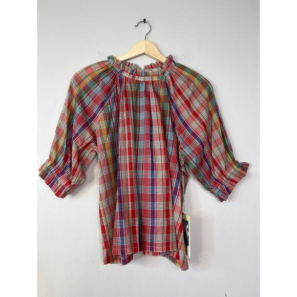 NWT Birds of Paradise Shelia Tapestry Red Plaid Balloon Sleeve Blouse Top - Picture 2 of 8